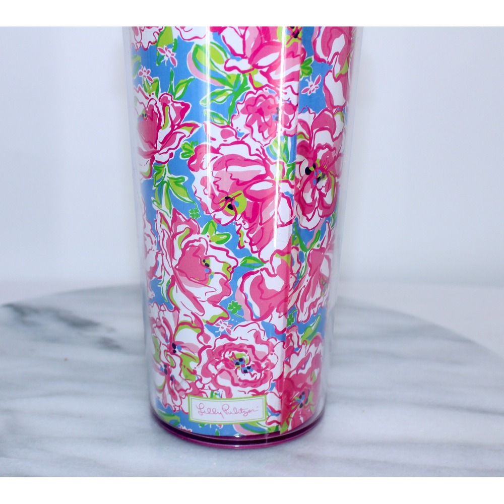 Lilly Pulitzer Floral Travel Tumbler Pink Blue 16oz Insulated Acrylic Coffee Mug - Picture 3 of 7